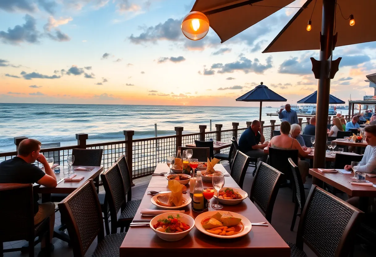 Outdoor waterfront dining on Hilton Head Island with sunset view
